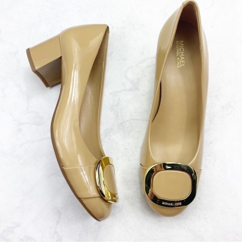 Michael Kors Nude Patent Leather Ballet Flats with Gold Buckle